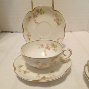 Antique Haviland PDG & Co Pink Roses White Teacup Set with Pink Rose & Gold Trim